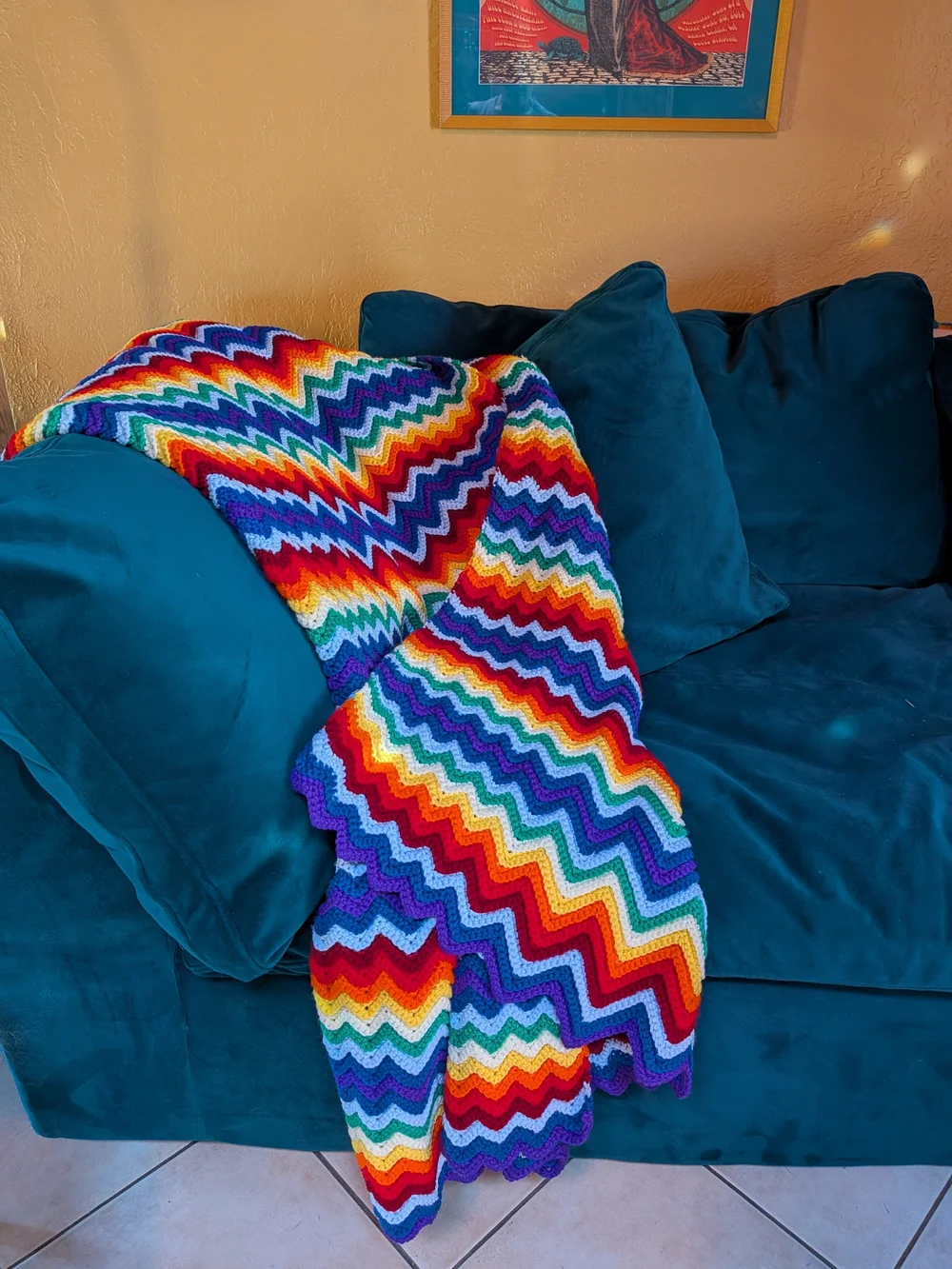 Handmade Chevron Crochet Blanket in Bright Rainbow Colors